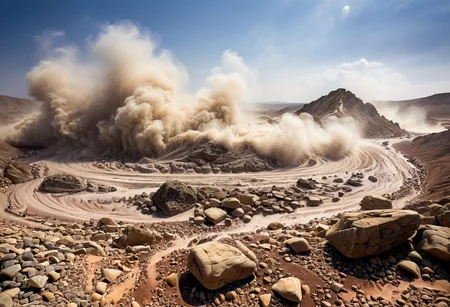 a turbulent atmosphere, where the sky is obscured by a swirling mass of dust and stones.