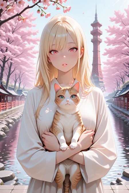 lazypos, perfect anatomy, absolutely eye-catching, ambient occlusion, amazing quality, best quality, very awa,
1girl, solo, Blushing, long hair, looking at viewer, parted lips, blonde hair, red eyes, cute, holding cat, Cherry blossom tree, tower, river,
<lora:super_secret_lora_not_released:2> <lora:TrendCraft_The_Peoples_Style_Detailer-v2.3I-4_15_2025-Illustrious:0.4>