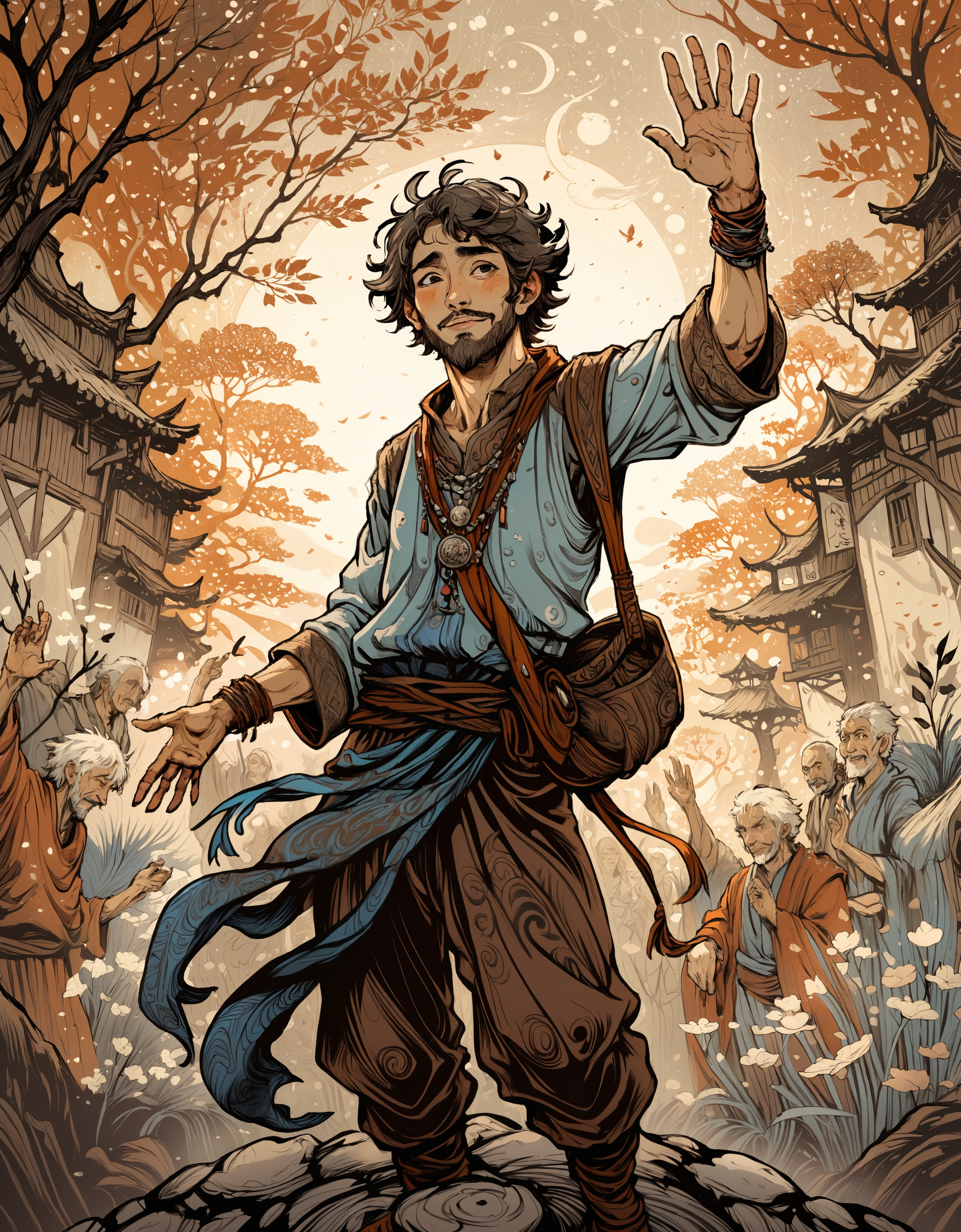 zavy-fltlnpnt, painting, Friendly Peasant Guy, wearing Jasper and Lurex Fabric, Hands Up Pose, art by Posuka Demizu, manga, intricate and detailed illustrations, fantasy and adventure themes, ambient light, perfect background, extremely rich detail, intricate artistic color, gorgeous