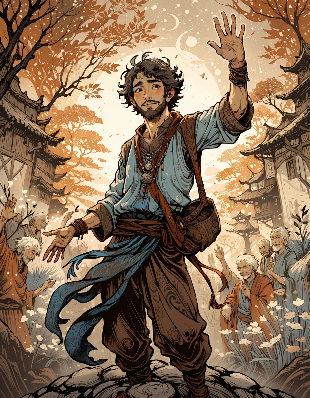 zavy-fltlnpnt, painting, Friendly Peasant Guy, wearing Jasper and Lurex Fabric, Hands Up Pose, art by Posuka Demizu, manga, intricate and detailed illustrations, fantasy and adventure themes, ambient light, perfect background, extremely rich detail, intricate artistic color, gorgeous