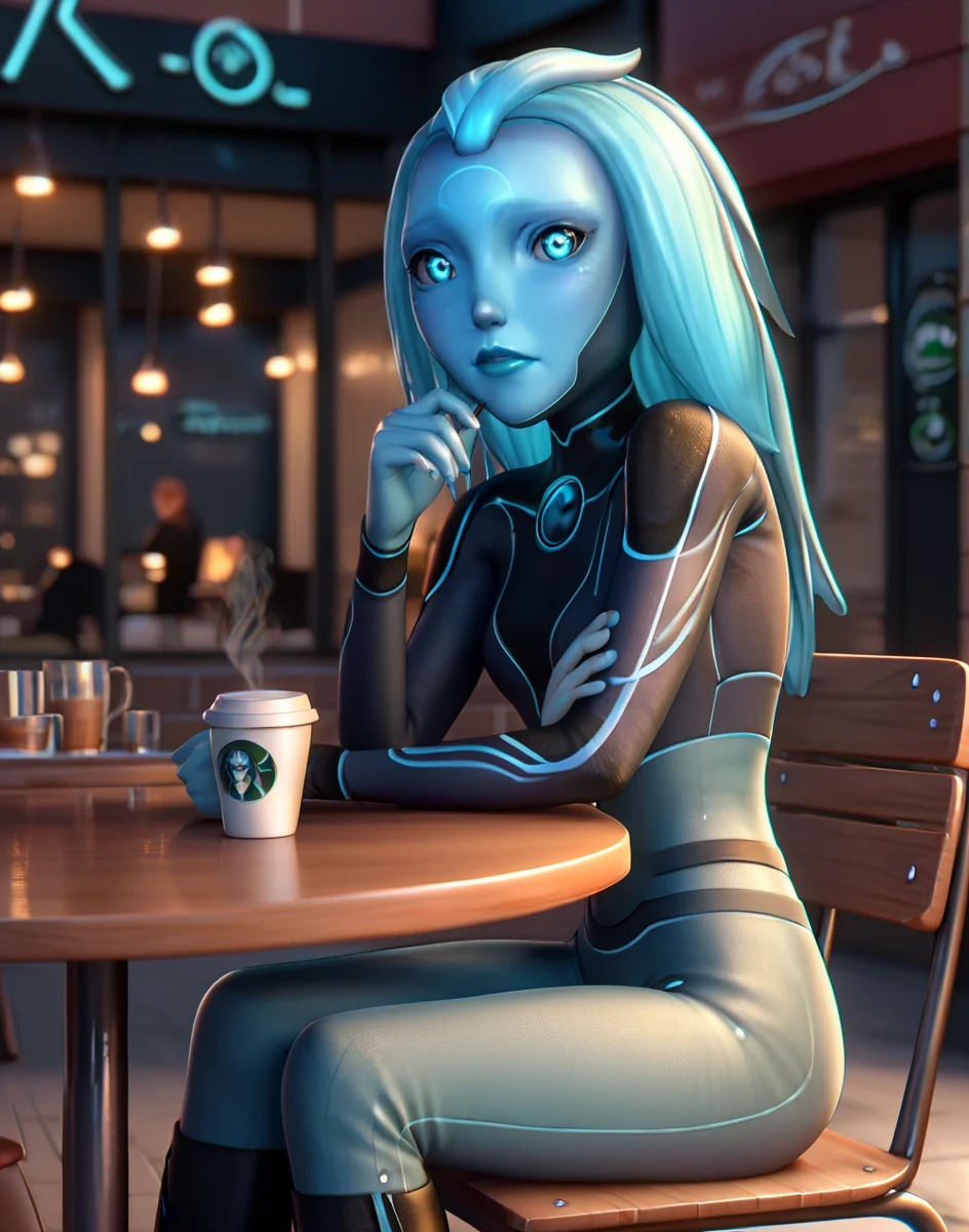 (score_9,score_8_up,score_7_up,score_6_up,score_5_up,score_4_up),high quality,detailled,high resolution,masterpiece,( looking at viewer, outdoors, city street, urban, coffee shop, table, chair, sitting, coffe cup),<lora:Eyes_High_Definition:0.8>,eyeshd,<lora:StS_PonyXL_Detail_Slider_v1.4_iteration_3:1.3>,<lora:zPDXL3:1>,zPDXL3,
BREAK
<lora:Aja_Tarron_3below_tales_of_arcadia:0.8> (1girl, solo, glowing neon blue eye, glowing neon blue hair, neon blue skin, blue skin, alien, blue hair, blue eyes, long hair, blue lips)