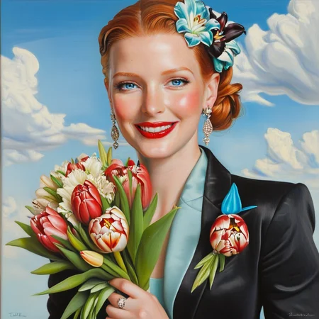 <lora:Aquamarine_PinupSDXL:1> 1girl, flower, solo, jewelry, earrings, blue eyes, smile, hair ornament, makeup, lipstick, The image is a portrait of a woman with red hair and blue eyes. She is wearing a black blazer and has a large bouquet of flowers in her hands. The bouquet is made up of various types of flowers including roses tulips and lilies. The woman is also wearing large dangling earrings and a blue and white flower in her hair. She has a red lipstick on her lips and is looking directly at the camera with a slight smile. The background is a light blue sky with white clouds. The overall style of the painting is elegant and sophisticated.