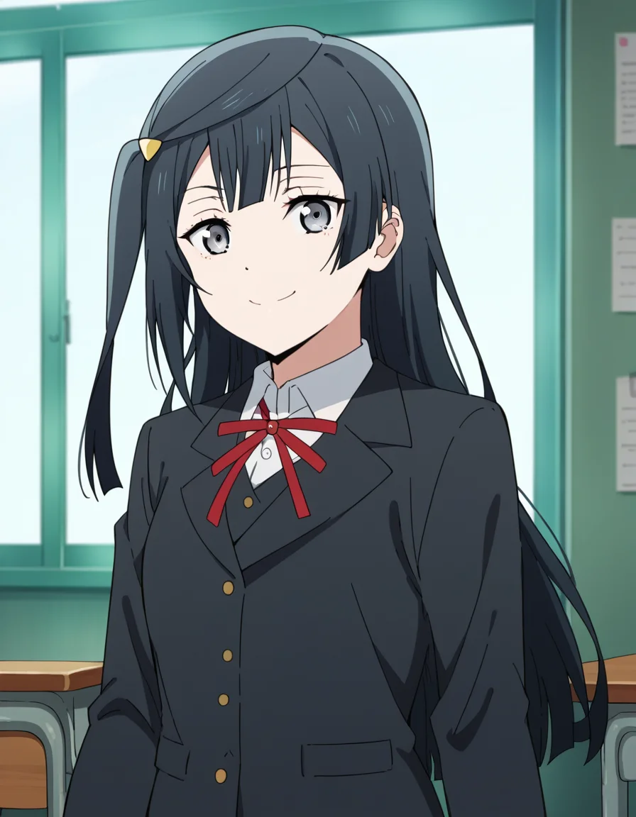 score_9, score_8_up, score_7_up, source_anime, <lora:setsuna-yuuki-s2-ponyxl-lora-nochekaiser:1>, setsuna yuuki, yuuki setsuna (love live!), long hair, bangs, black hair, sidelocks, grey eyes, one side up, hair ornament,, skirt, long sleeves, school uniform, jacket, red ribbon, black jacket, blazer, nijigasaki academy school uniform,, indoors, smile, looking at viewer, solo,, cowboy shot, dutch angle