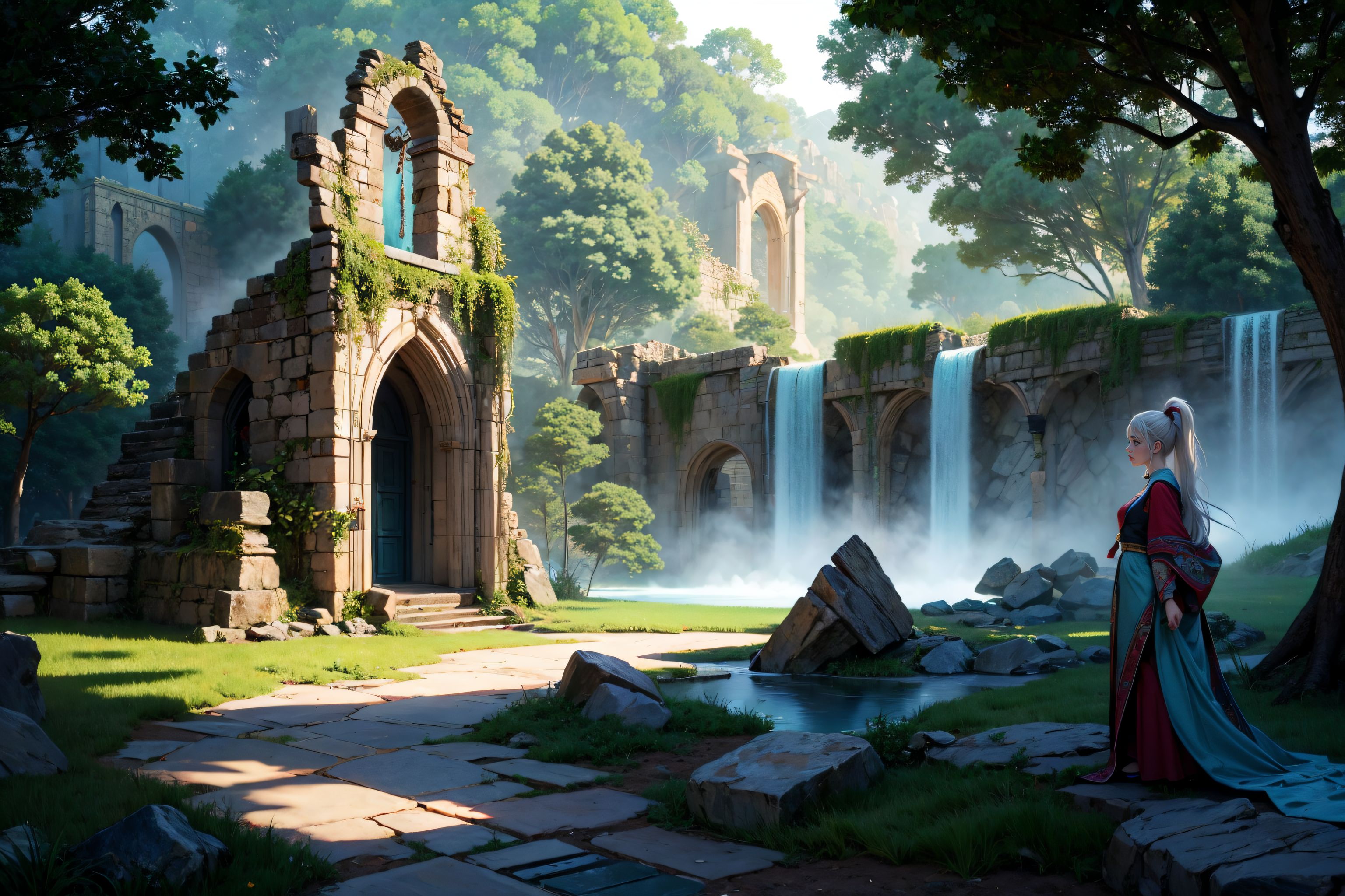 adult woman walking, solo, long white hair, high ponytail, aquamarine eyes, parted lips, freckles, full body, 4k highly detailed, <lora:add_detail:0.6>,  <lora:FantasyRuins:0.8> tower, stone building, waterfall, forest, middle