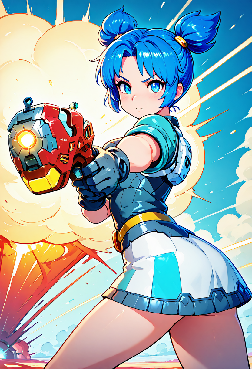 masterpiece, best quality, 1girl, solo, looking at viewer,     zzVela, blue eyes, blue hair, short hair, twintails, short twintails, gloves, skirt,   <lora:VelaJetforce_IXL:1.0>, (aiming gun, foreshortening, dynamic pose), explosion, laser beam, epic cinematic scene, (side view),
