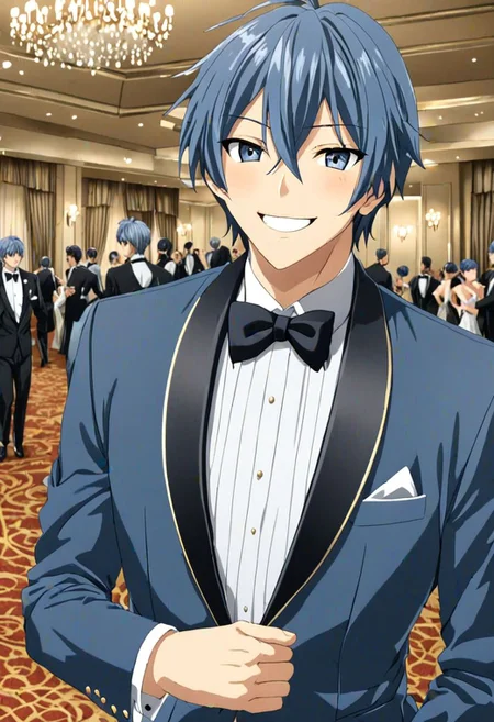 high resolution, solo, best quality, 1Boy, Tomoya Okazaki, Grey Blue Hair, luxury hotel, Ballroom, tuxedo, smile, confident, OverallDetail