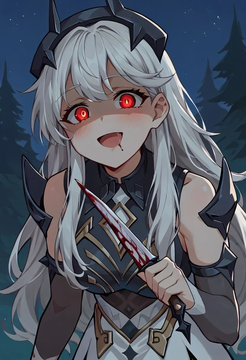 score_9, score_8_up, score_7_up, source_anime, white hair, long hair, red eyes, dress, black crown, spiked diadem, top body, upper body, face focus, face, jewerely, 1girl, solo, blush, medium breasts, leaning forward,standing, cowboy shot, forest in background, night, (glowing eyes), evil smile, open mouth, tilts head, tilted head, eye light trail, eyes light, inclined head, inclining head, wide open eyes, blood on knife, holding knife, ((shaded face)), vapor steam, saliva