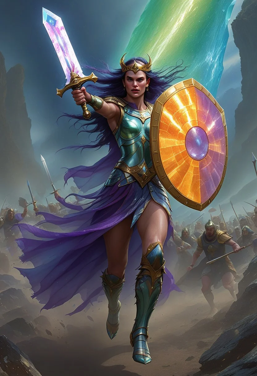 flu0rite, iridiscent, VALHERO shirldmaiden holding a fluorite mineral sword and iridescent shield and running during the Battle of Ragnarok