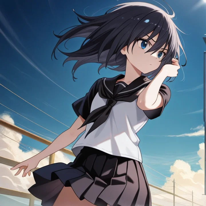 <lora:IL_Yamoto_Koki:1>,nin_sly_k,1girl,solo,Yamoto Koki,open stance,floating skirt,tucking hair,disheveled hair,floating hair,black hair,blue eyes,serafuku,, masterpiece,best quality,amazing quality,very aesthetic,absurdres,