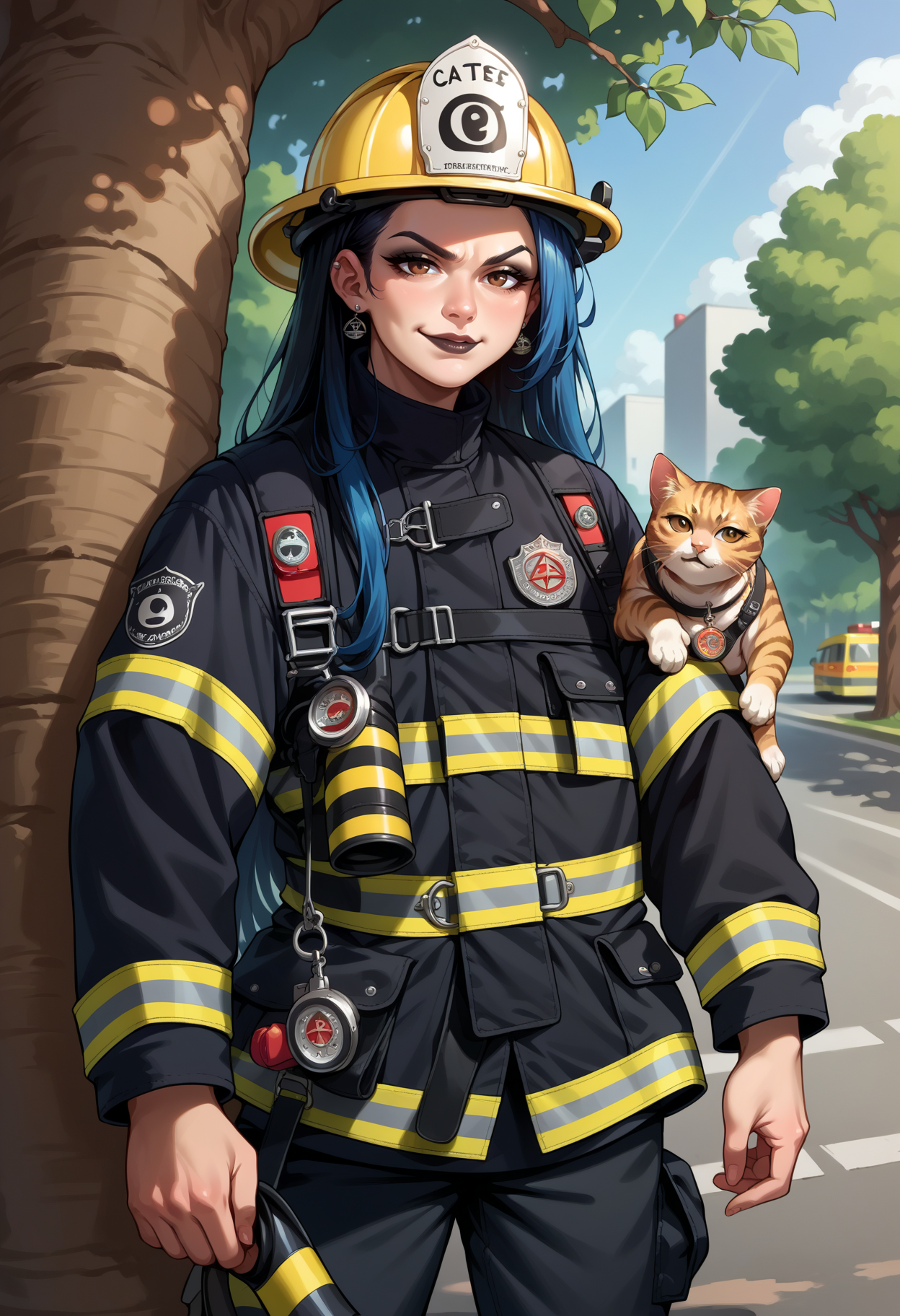 score_9, score_8_up,score_7_up, source_anime, 1girl, black hair, blue hair, very long hair, brown eyes, smirk, black eyeliner, black lips, black makeup, emo girl, pentagram earrings,  facing viewer, medium, EPFireFighter, <lora:EPFireFighterPony:1.0>, wearing EPFireFighter, jacket, black jacket, pants, black pants, harness, looking at viewer, walkie-talkie, helmet, yellow headwear, street, tree, ladder against tree, holding a cat, cat