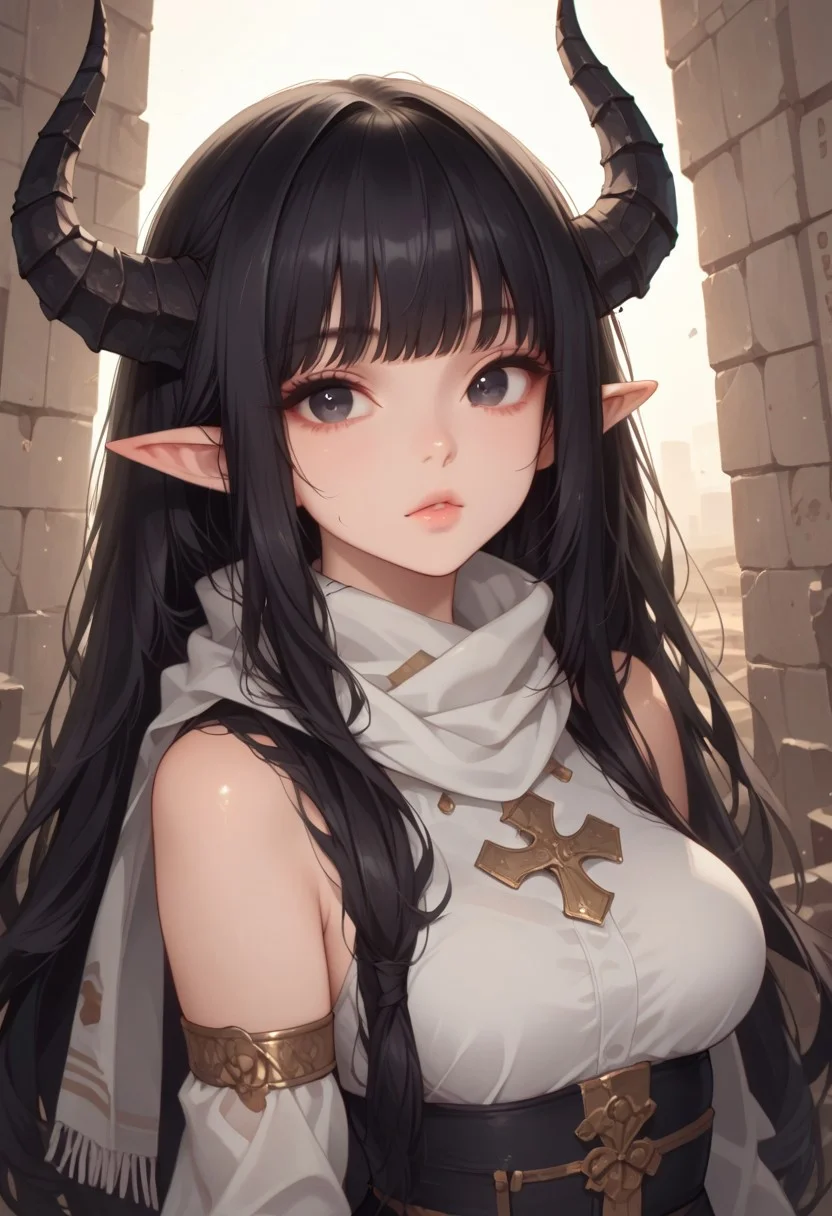 zPDXL3, score_9, score_8_up, score_7_up, rating safe, 1girl, elf girl, horns, solo, 21year old, black hair, messy ponytail, fringe, black eyes, medium breasts, petite body, glossy skin, light cotton tunic, face-covering scarf, ancient desert ruins, cracked stone pillars, golden light, scattered relics, dusty air, faint breeze, looking at viewer, eye contact, dutch angle, warm light, godrays, volumetric lighting, vivid colors, painterly, glitch art photo,