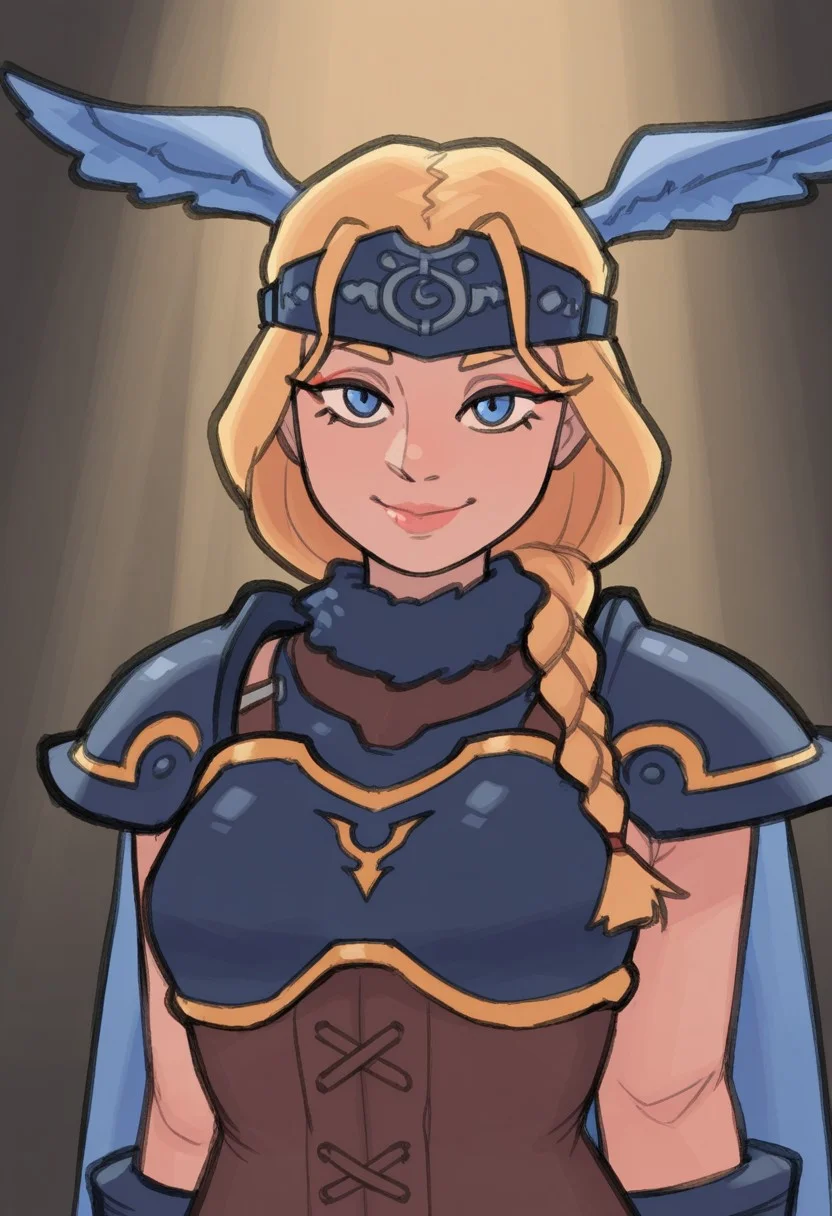 ruka481,
1girl, solo, braid, eyeliner, lips, makeup, nose, smile, armor, blonde hair, blue eyes, blue wings, bracer, chest guard, eyebrows, forehead protector, fur collar, fur trim, hair rings, head wings, light, light rays, long hair, looking at viewer, shoulder pads, sunlight, upper body, valkyrie, wings