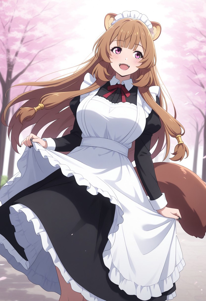 masterpiece, cute, lovely, (best quality:1.3), (amazing quality:1.3), very aesthetic, 1girl, (Kamuo_Style), anime screencap, raphtalia, raccoon ears, fluffy racoon tail, breasts, smiling, open eyes, big eyes, big breasts, blush, close mouth, happy, excited, cell shading BREAK, cherry blossoms background, leaning back, leaning to the side, fangs, smile, black nails, free pose, delicate skin texture, fair skin, delicate face, long eyelashes, pastels, bright tones, wind, light particles, light, bright tones, motion lines, extremely detailed, intricate, delicate details, movie lighting, very beautiful, absurd, dynamic graphics, dynamic angles, special movements, dynamic poses, action poses, dynamic movements, (Illustration: 1.2), (8K Wallpaper), (Beautiful, pretty eyes: 1.2), Delicate eyes, beautiful, soft colors, clear line, soft, pastel, colorful, posing, shadow, head tilted, looking away, standing, upper body , front view, maid uniform, black thighs, maid headwear, apron, loafer, contrapposto, medium long dress, shaded, back lights, lifted by self,