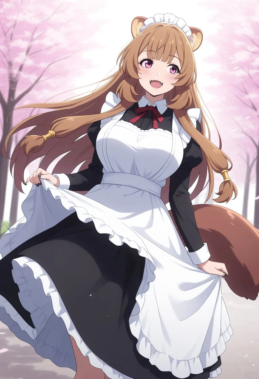 masterpiece, cute, lovely, (best quality:1.3), (amazing quality:1.3), very aesthetic, 1girl, (Kamuo_Style), anime screencap, raphtalia, raccoon ears, fluffy racoon tail, breasts, smiling, open eyes, big eyes, big breasts, blush, close mouth, happy, excited, cell shading BREAK, cherry blossoms background, leaning back, leaning to the side, fangs, smile, black nails, free pose, delicate skin texture, fair skin, delicate face, long eyelashes, pastels, bright tones, wind, light particles, light, bright tones, motion lines, extremely detailed, intricate, delicate details, movie lighting, very beautiful, absurd, dynamic graphics, dynamic angles, special movements, dynamic poses, action poses, dynamic movements, (Illustration: 1.2), (8K Wallpaper), (Beautiful, pretty eyes: 1.2), Delicate eyes, beautiful, soft colors, clear line, soft, pastel, colorful, posing, shadow, head tilted, looking away, standing, upper body , front view, maid uniform, black thighs, maid headwear, apron, loafer, contrapposto, medium long dress, shaded, back lights, lifted by self,