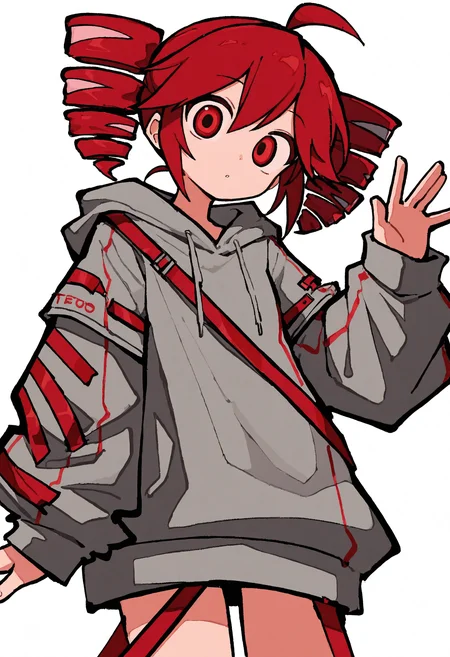 masterpiece, best quality, absurdres, very aesthetic, highres, very awa,
odyk, jaggy lines, 1girl, solo, kasane teto, red hair, twin drills, ahoge, red eyes, white background, looking at viewer, cowboy shot, waving, grey hoodie, straps,
<lora:odyk:0.8>