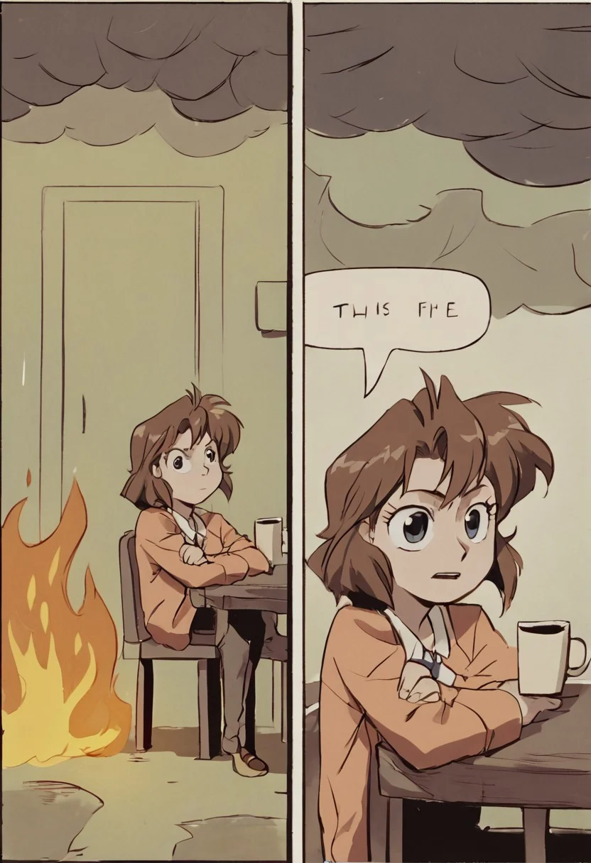 score_9, score_8_up,score_7_up,score_6_up,score_5_up
BREAK
gnsmth, 1girl, 2koma, comic, fire, sitting, speech bubble, burning, table, chair, cup