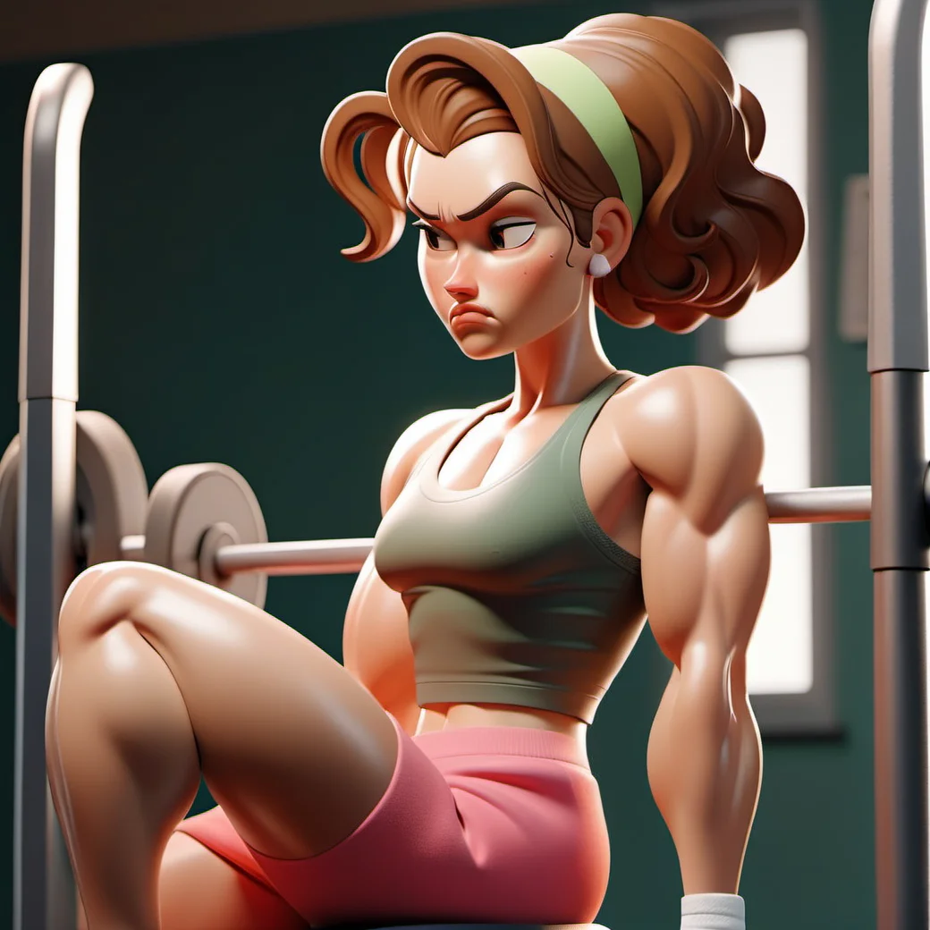 a muscular woman wearing a tank top and pink shorts sitting, gym background <lora:SamaritanEsdxl:0.7>