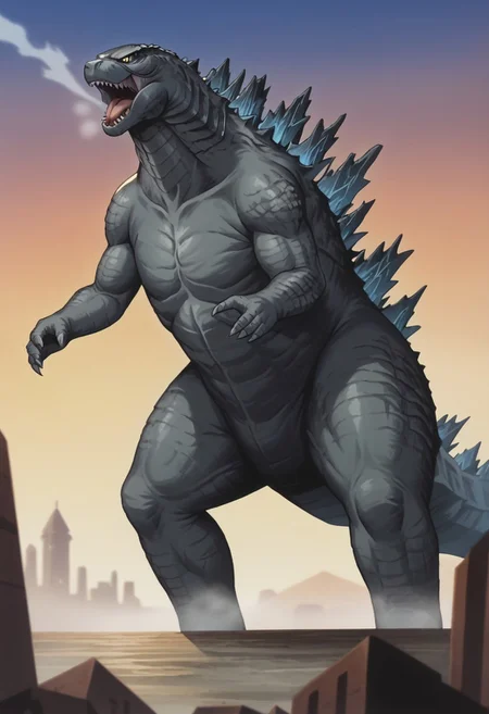 score_9_up, score_8_up, score_7_up, source_anime, anime screencap, retro anime style, wide angle, monster focus, BREAK, godzilla, spines, feral, male, godzilla, grey skin, sharp teeth,open mouth,yellow eyes, solo, flat color, outdoors, gigantic monster, BREAK, an island, island with a huge dark cave, darkness, sprawling underground anciet city, reclaimed brutalism, stone buildings, stone towers, bridges, smoke, steam, steam_swirls, bridges, waterfall, ivy, (masterpiece:1.2), best quality, (hyperdetailed, highest detailed:1.2), high resolution textures, Sunny, very detailed, atmospheric haze, forced perspective, blurry background, building, Original video animation style,