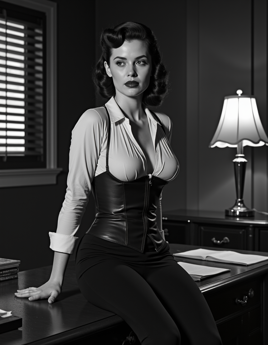 1950s ultra realistic, ultra defined textures, cinematic, cinematic lighting, monochrome,  in a dimly lit office, a woman perches on the edge of a mahogany desk, wearing a structured corset under a tailored pencil skirt and sheer blouse. Her hair is styled in victory rolls, and her red lips are illuminated by the warm glow of a single desk lamp. A close-up shot with a Zeiss Ikon Contax, the shadows of Venetian blinds creating dramatic lines across her face and torso, adding tension and intrigue. noirstyle <lora:noirsexyxxx:0.7>