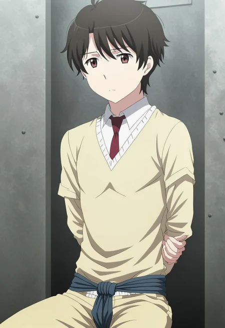 high resolution, solo, best quality, 1Boy, Inaho Kaizuka, Black Hair, Brown Eyes, arrested, restrained, struggling, tied, interrogation, interrogation room, OverallDetail