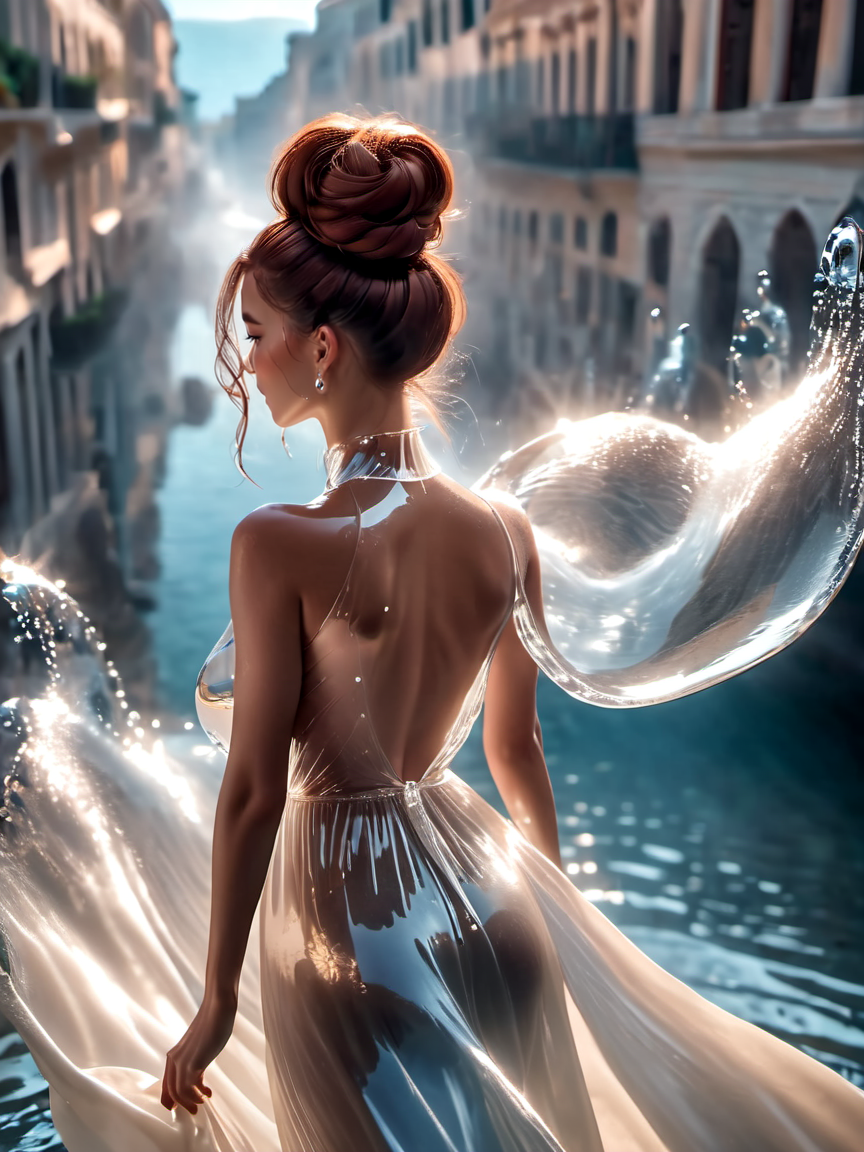 cinematic film still beautiful woman wearing a (water dress) Lunging in Rapture City, <lora:xl_water_dress-1.0:0.8>, 
Overhead Shot, from behind, [full body],
neutral,
Twisted Bun,
Mahogany hair, . shallow depth of field, vignette, highly detailed, high budget, bokeh, cinemascope, moody, epic, gorgeous, film grain, grainy