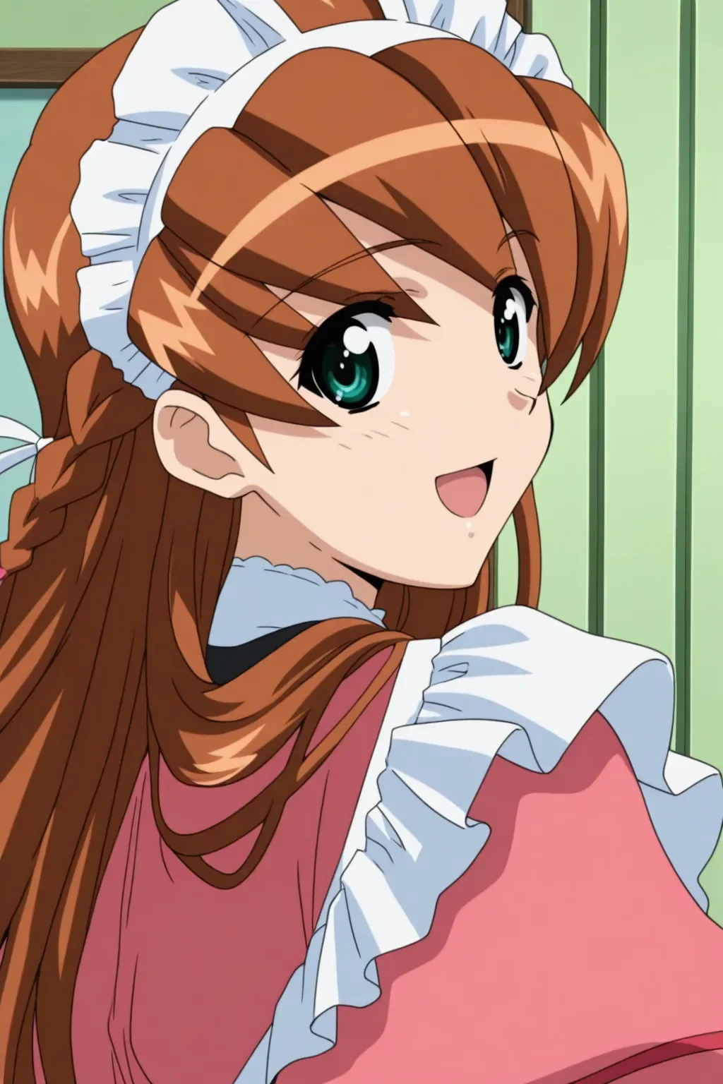 <lora:handmaidmay_may_ilxl:0.9>masterpiece, best quality, handmaidmay_may_ilxlm 1girl, solo, smile, open mouth, stainding, general, anime screencap, anime coloring, from behind, looking at viewer,old