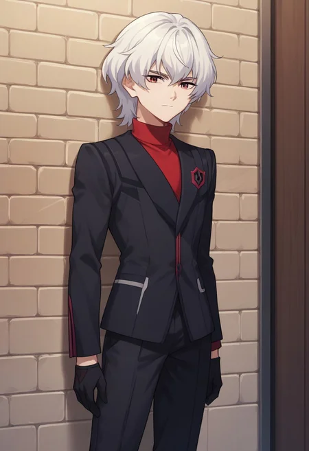 score_9, score_8_up, score_7_up, source_anime, highly detailed,
lusia, 1boy, male focus, solo, gloves, upper body, white hair, uniform, medium hair, turtleneck, red eyes, jacket, black jacket, black pants, sweater, red sweater,
indoor, wall, window,