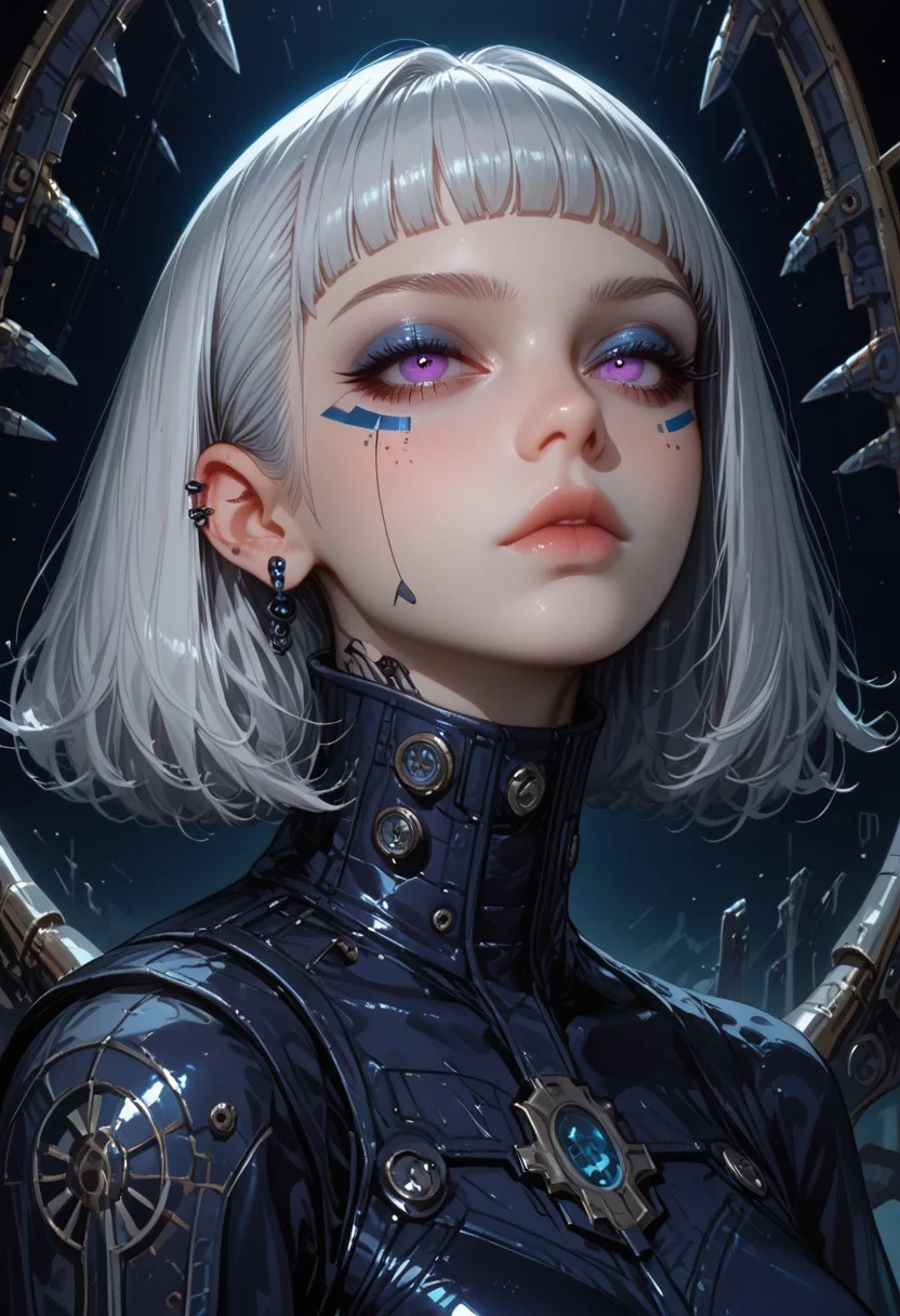masterpiece, score_9, score_8_up, hyper-detailed, 8K, morimee_style, 1girl, solo, adult, hyper-realistic, highly detailed, stylized artwork, futuristic fantasy, surreal landscape, porcelain-white skin, short asymmetrical silver hair, softly tousled, embedded with glowing blue strands, piercing violet eyes, bold metallic indigo eyeshadow, sharp geometric wings, glossy midnight-blue lips, iridescent deep sapphire and electric violet bodysuit, embedded crystalline shards, prismatic reflections, structured high collar, translucent armored sleeves, bioluminescent circuitry tracing patterns, standing in an electrified cyber-realm, deep cyan mist swirling, colossal fractal structures shifting in endless patterns, hovering celestial rings emitting an ethereal glow, cascading digital waterfalls, pulsating neon glyphs forming intricate constellations, hyper-futuristic and surreal atmosphere, transcendent sci-fi aesthetics