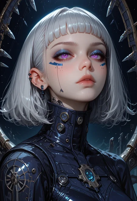 masterpiece, score_9, score_8_up, hyper-detailed, 8K, morimee_style, 1girl, solo, adult, hyper-realistic, highly detailed, stylized artwork, futuristic fantasy, surreal landscape, porcelain-white skin, short asymmetrical silver hair, softly tousled, embedded with glowing blue strands, piercing violet eyes, bold metallic indigo eyeshadow, sharp geometric wings, glossy midnight-blue lips, iridescent deep sapphire and electric violet bodysuit, embedded crystalline shards, prismatic reflections, structured high collar, translucent armored sleeves, bioluminescent circuitry tracing patterns, standing in an electrified cyber-realm, deep cyan mist swirling, colossal fractal structures shifting in endless patterns, hovering celestial rings emitting an ethereal glow, cascading digital waterfalls, pulsating neon glyphs forming intricate constellations, hyper-futuristic and surreal atmosphere, transcendent sci-fi aesthetics