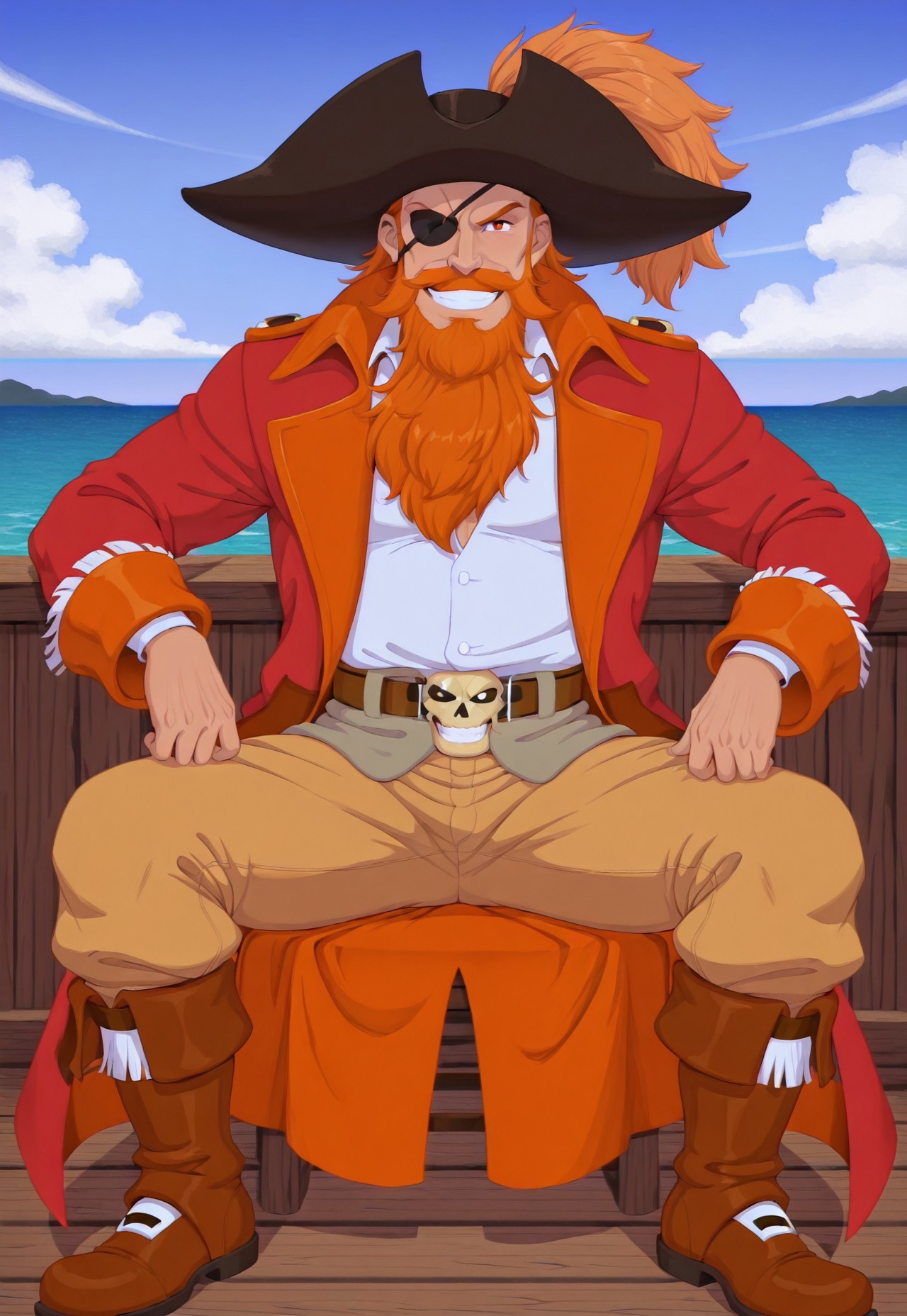 solo, masterpiece, modern, new, 1boy, male, masculine face, daddy looking face, w0lfc0nf

DisneyBloodbeard, ginger hair, hat, beard, pirate, coat, sea, looking at viewer, smiling, eyepatch, sitting down, manspreading