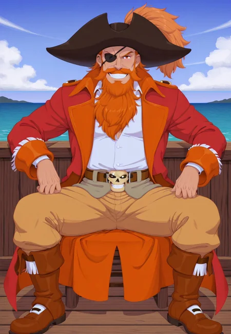 solo, masterpiece, modern, new, 1boy, male, masculine face, daddy looking face, w0lfc0nf
DisneyBloodbeard, ginger hair, hat, beard, pirate, coat, sea, looking at viewer, smiling, eyepatch, sitting down, manspreading