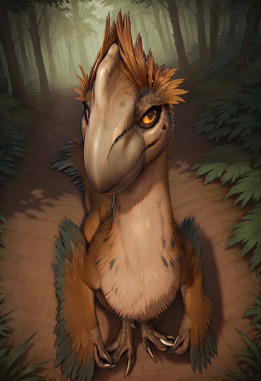 score_9_up, score_8_up, score_7_up, solo focus, full body, dynamic angle,
gigantoraptor, dinosaur legs, claws, brown feathered, head with crest, orange eyes, forest, evening
