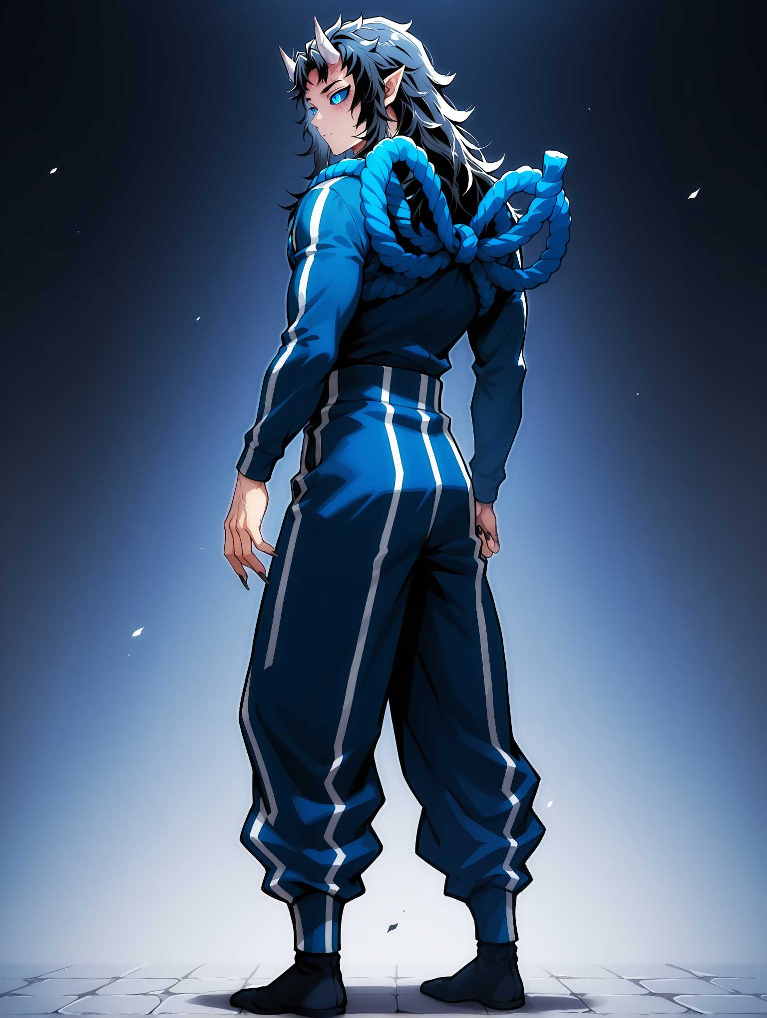masterpiece, very aesthetic, best quality, solo, amazing quality, full body, standing ,expressionless,  from behind, looking back, looking away, imtdaizetsuh, 1boy, male, fit body, horns, pointy ears, blue eyes, long hair, black hair, long sleeves, blue rope, colored sclera, pants, demon boy, track suit, blue sclera, oni horns, scar, blue pants, jacket, black nails, sharp fingernails
