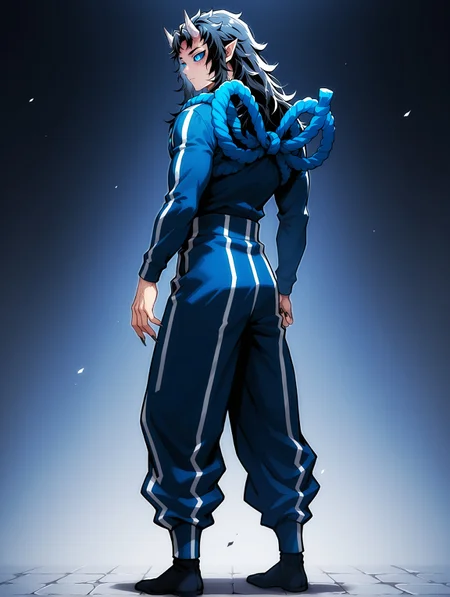 masterpiece, very aesthetic, best quality, solo, amazing quality, full body, standing ,expressionless,  from behind, looking back, looking away, imtdaizetsuh, 1boy, male, fit body, horns, pointy ears, blue eyes, long hair, black hair, long sleeves, blue rope, colored sclera, pants, demon boy, track suit, blue sclera, oni horns, scar, blue pants, jacket, black nails, sharp fingernails