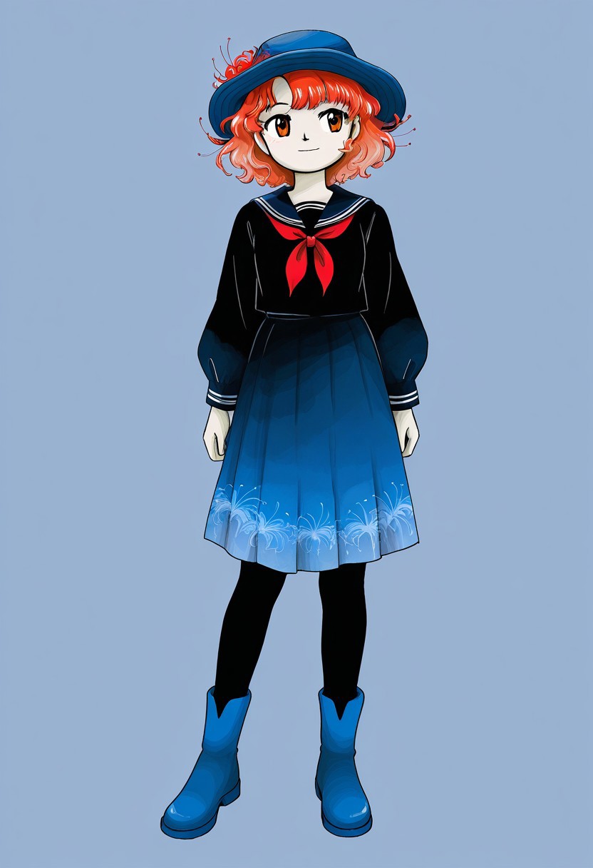watercolor, aesthetic, colorful, jaggy lines, zun \(style\), BREAK, 1girl. solo, (medium height, pale red hair, orange eyes, short hair, wavy hair, (spider lily in hair), blue boonie hat, black tunic, sailor uniform, red neckerchief, blue skirt, tall blue wellies, black leggings), standing full body, simple background,
