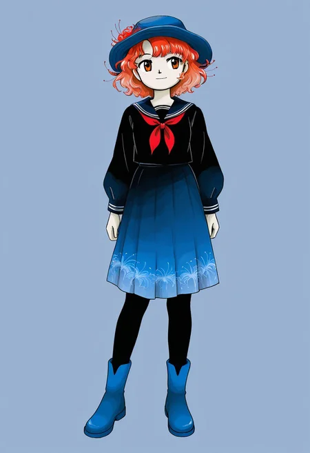 watercolor, aesthetic, colorful, jaggy lines, zun \(style\), BREAK, 1girl. solo, (medium height, pale red hair, orange eyes, short hair, wavy hair, (spider lily in hair), blue boonie hat, black tunic, sailor uniform, red neckerchief, blue skirt, tall blue wellies, black leggings), standing full body, simple background,