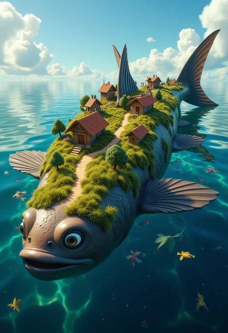 The giantic catfish swims on the surface of the ocean. The catfish's back is covered with grass. On the catfish's back is the village. The village has many wooden houses. Rural roads run between the houses. There is sky on a background.
<lora:Cute_3d_Cartoon_Flux:0.6>