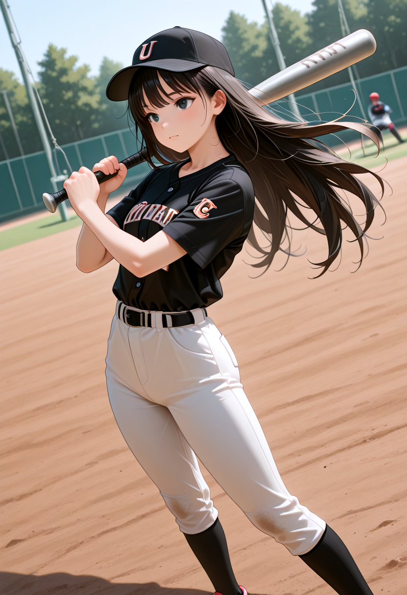 IllusP0s, masterpiece, best quality, amazing quality, very aesthetic, absurdres, newest, ((dynamic angle:1.4)), (detailed eyes),((ultra detailed hair:1.4))
BREAK
1girl, 1girl, ka0ru-1zud,black eyes, long hair,
BREAK
play baseball, have baseball bat, (swing baseball bat,:1.1) ,wear baseball uniform,
wear baseball hat, standing, baseball Ground, baseball glove
  <lora:Kaoru_-_Izu_Dancer_-_AI_Challenge:0.5>