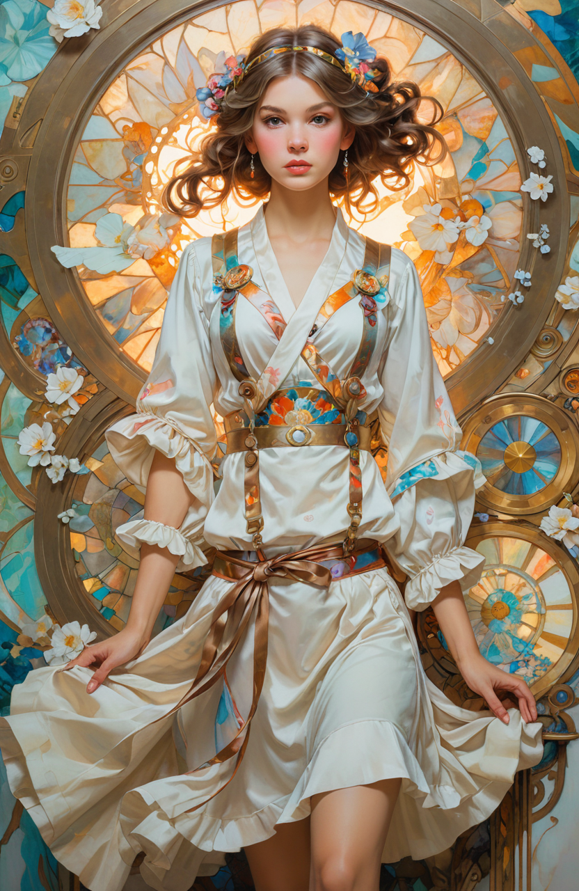 by thomas kindkade, alphonse mucha, loish, peter chung and norman rockwell, (Alabaster theme:0.7) , young, pretty, wearing clothes, Action Painting