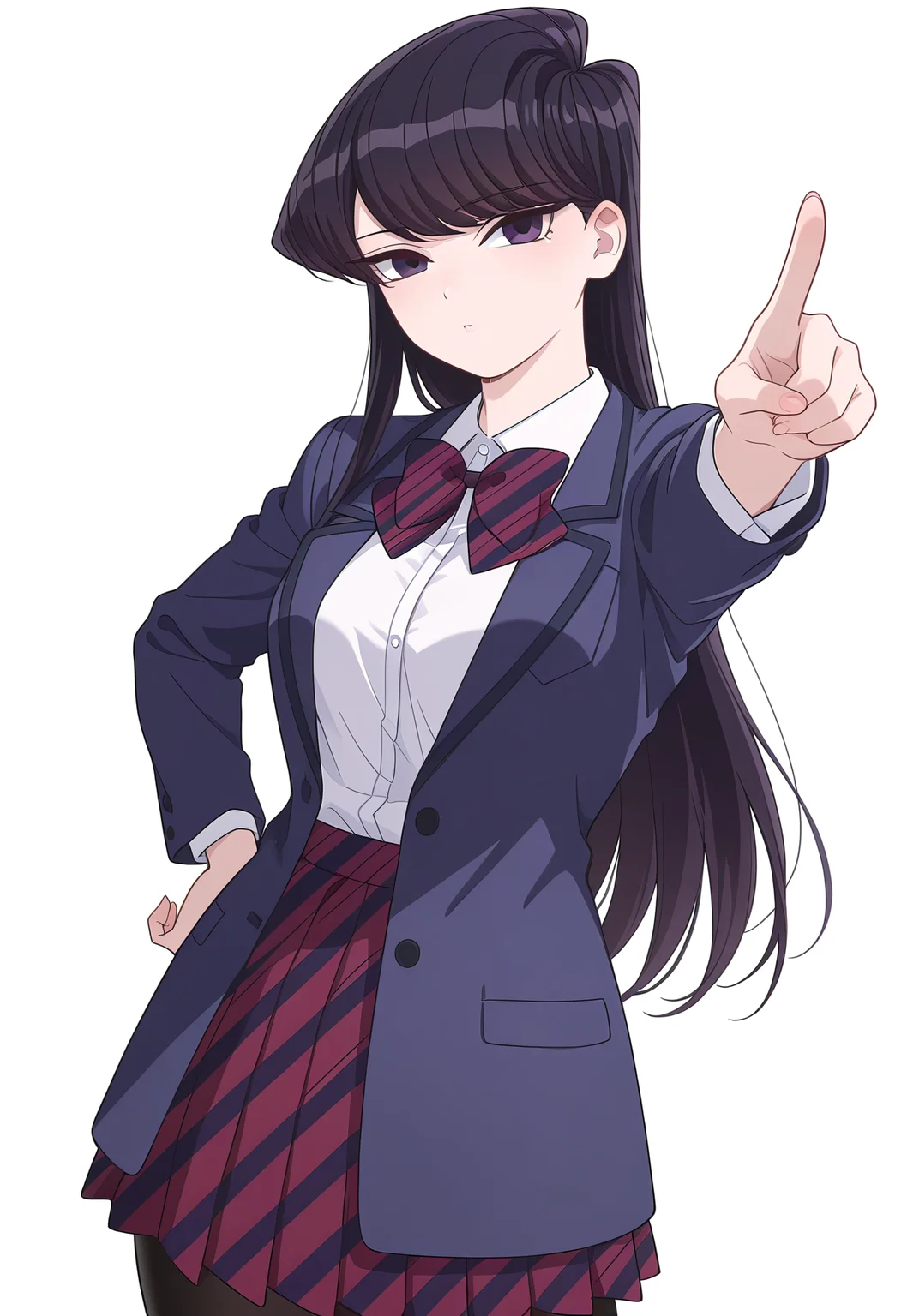 Smooth Quality,masterpiece,very intricate, high quality details, ultra realistic, high detailed skin,detailed enviorement,
simple background, white background,
pointing at viewer,stretching, one arm raised, other on hip, slight side bend, relaxed body, ,
<lora:Komi_Shouko_cnn:0.8>
komi shouko, 1girl,black hair, long hair, bangs, purple eyes,
school uniform, white shirt,striped bowtie,striped skirt, pleated skirt, jacket,black pantyhose,