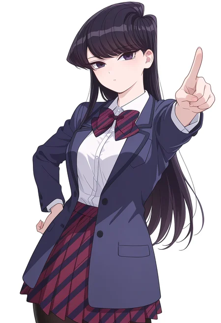 Smooth Quality,masterpiece,very intricate, high quality details, ultra realistic, high detailed skin,detailed enviorement,
simple background, white background, 
pointing at viewer,stretching, one arm raised, other on hip, slight side bend, relaxed body,  ,
 <lora:Komi_Shouko_cnn:0.8>
komi shouko, 1girl,black hair, long hair, bangs, purple eyes, 
school uniform, white shirt,striped bowtie,striped skirt, pleated skirt, jacket,black pantyhose,