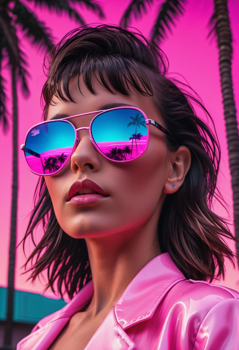 synthworld, synthwave, beatiful girl, close up, wearing pink sunglasses, neon, retro, black palm trees