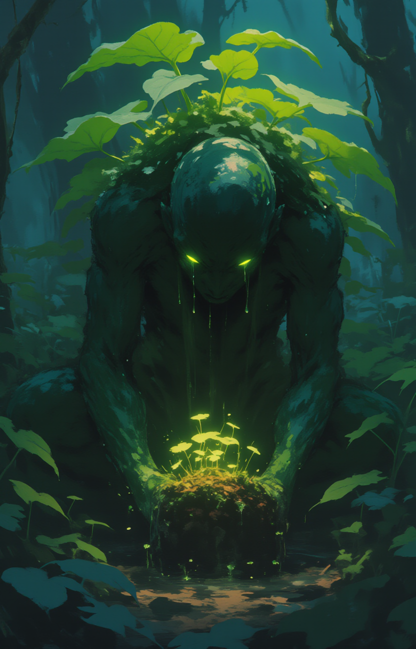 glowing tears of a plant like mandrake figure  nourishing fragile seedlings, sad, atmospheric,   <lora:MJanime_Flux_LoRa:1>
