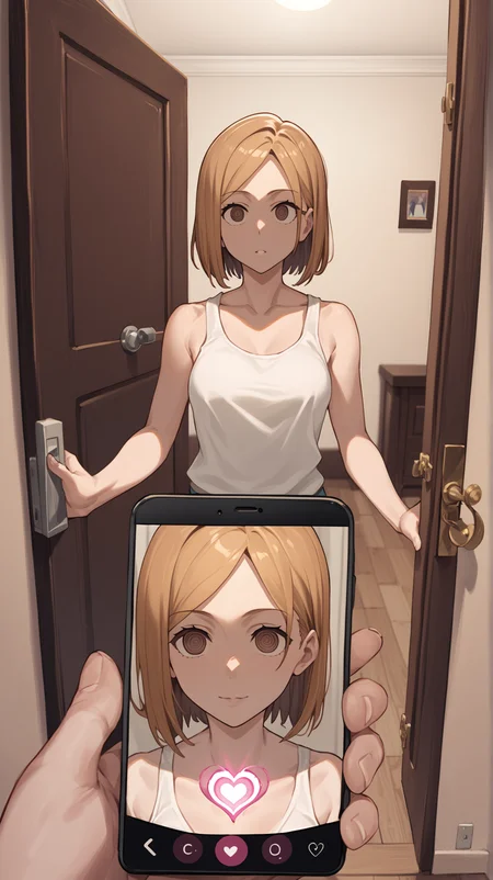 score_9, score_8_up, score_7_up, source_anime BREAK 1girl, pov, (phone), kugisaki nobara, standing, tank top, doorway, front door, answering door, hand on door, opening door, bare shoulder, mind control, hypnosis app, brown hair, brown eyes, medium hair, looking at viewer, hearts, wooden floor, house, blank eyes, <lora:Hypno_App_POV:1>, breasts, <lora:terasu style locon 36epo:0.5>, hetero, rating_questionable