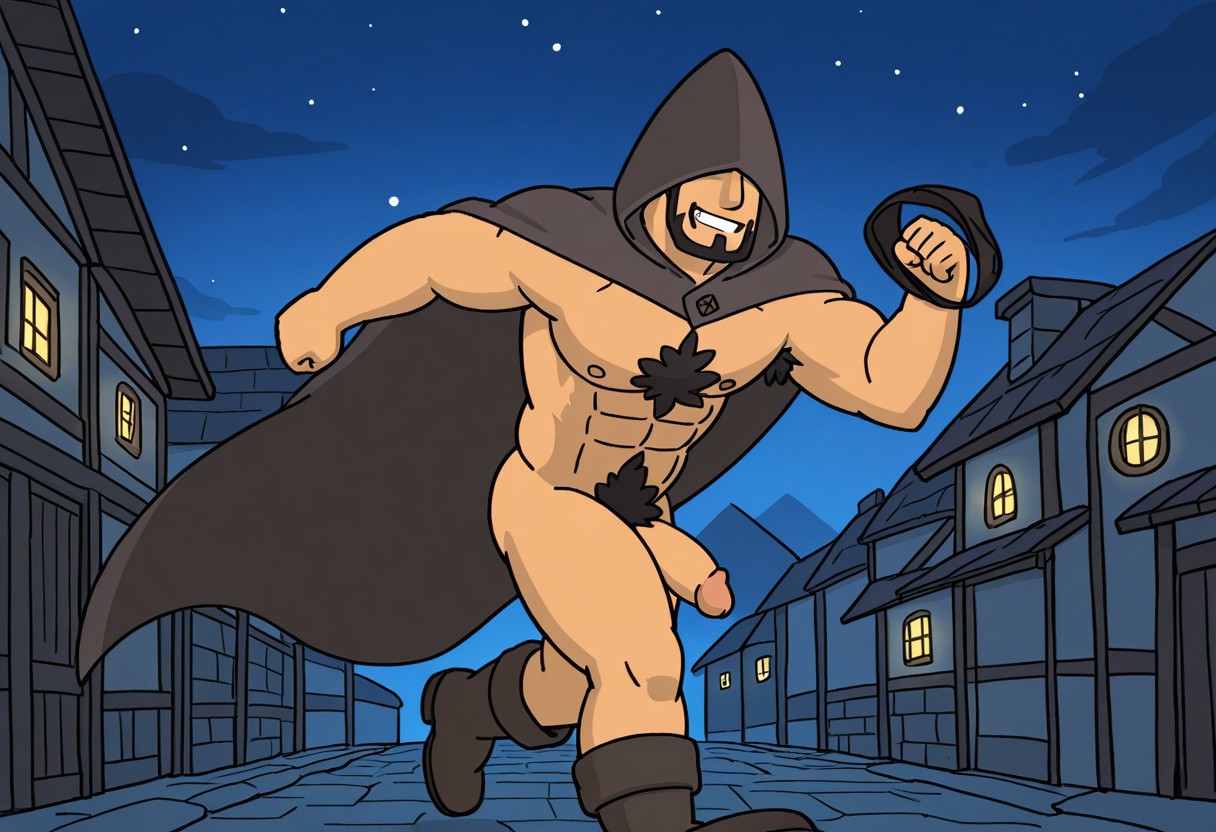 detailed background, detailed background, masterpiece, perfect quality, best quality, detailed, newest, very aesthetic, BanditRMA, facial hair, bara, solo, black hair, 1boy, male focus, village background, night,  smile, cloak, hood, pectorals, abs, muscular, girthy penis, flaccid, balls, nude, grin, beard,  running, boots, stealing underwear