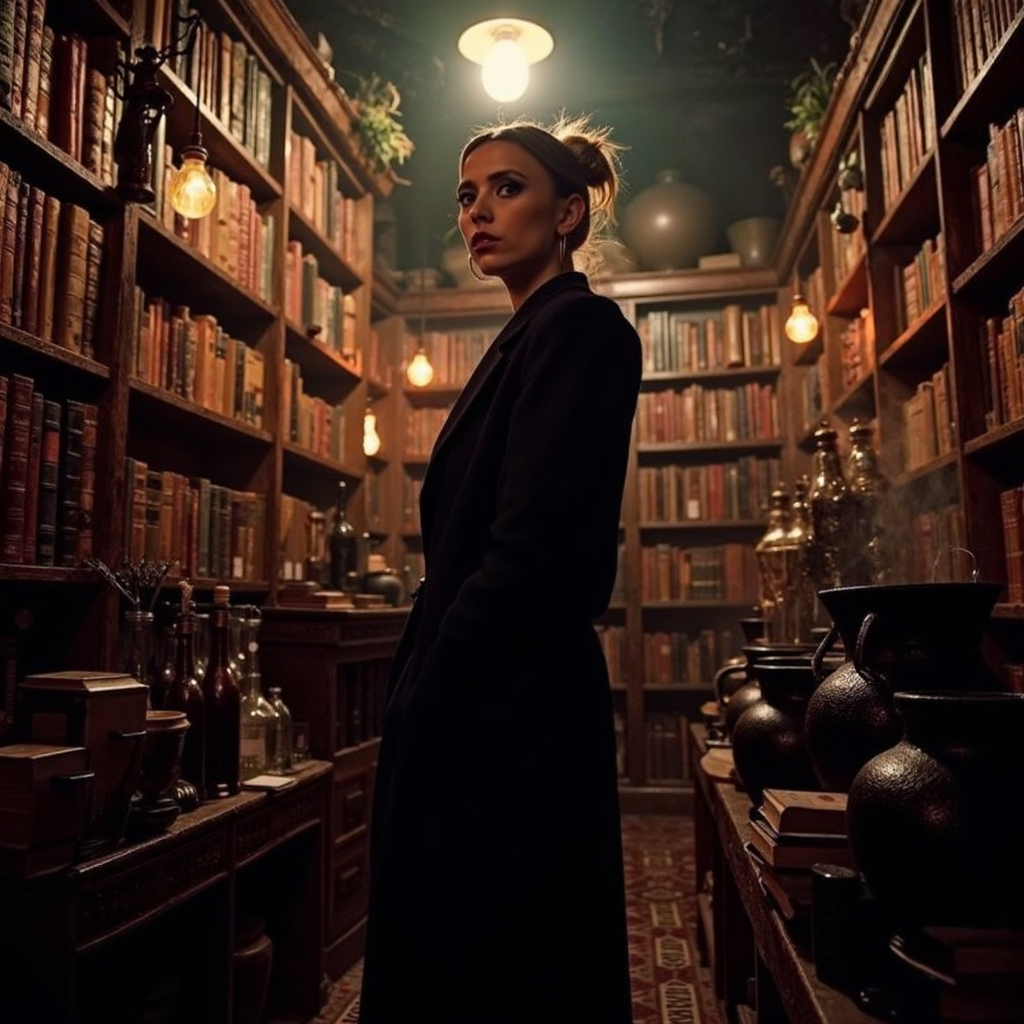 futuristic style neon noir surrealist art analog photography, analog photo, a bewitching beauty stands amidst shelves of ancient tomes and mystical artifacts, donning a striking modern elegant black women's suit. Amidst the magical library studio, she poses effortlessly, surrounded by worn grimoires, bubbling cauldrons, and an assortment of alchemy bottles and crafting witch tools. Soft candlelight casts a warm glow on her enchanting features as she gazes out, lost in thought among the mystical relics. Shot by Kodak Brownie.  <lora:Riley_Voelkel:1> rileyv . dreamlike, mysterious, provocative, symbolic, intricate, detailed . cyberpunk, dark, rainy streets, neon signs, high contrast, low light, vibrant, highly detailed . sleek, modern, ultramodern, high tech, detailed