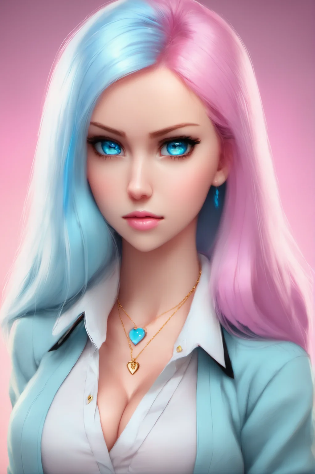 redshift style, (analog style:1.2), sexy,
realistic, photo shoot, professional, high contrast,
[Nina Dobrev|Emma Stone], 1girl, solo, expressive look, hearts, light blue eyes, detailed eyes, eyes by Ilya Kuvshinov style, sharp pupils, realistic pupils,
very long hair, flowing hair, aqua hair, glitter makeup, gloss lips,
stud earrings, jewelry, gold necklace, perfect face,
upper body, small lips,
face shot, (closeup:1.2), (extreme closeup:1.2), cleavage, breast focus, from above,
masterpiece, best quality, HDR, viewpoint, highest quality, sharp focus, looking at viewer, facing viewer,  8k, abstract background, colorful background, pink hearts in background,
skin pores, intricate skin texture, realistic skin,
asymmetrical bangs, hair flaps, button-up shirt, cyan shirt, serafuku, school girl uniform, cardigan,
[(colorful explosion psychedelic paint colors:1.2)::0.2],  cromulent, cold,
dynamic lights, bokeh, glowing background, <lora:babes_style_sdxl_1.0:0.75>