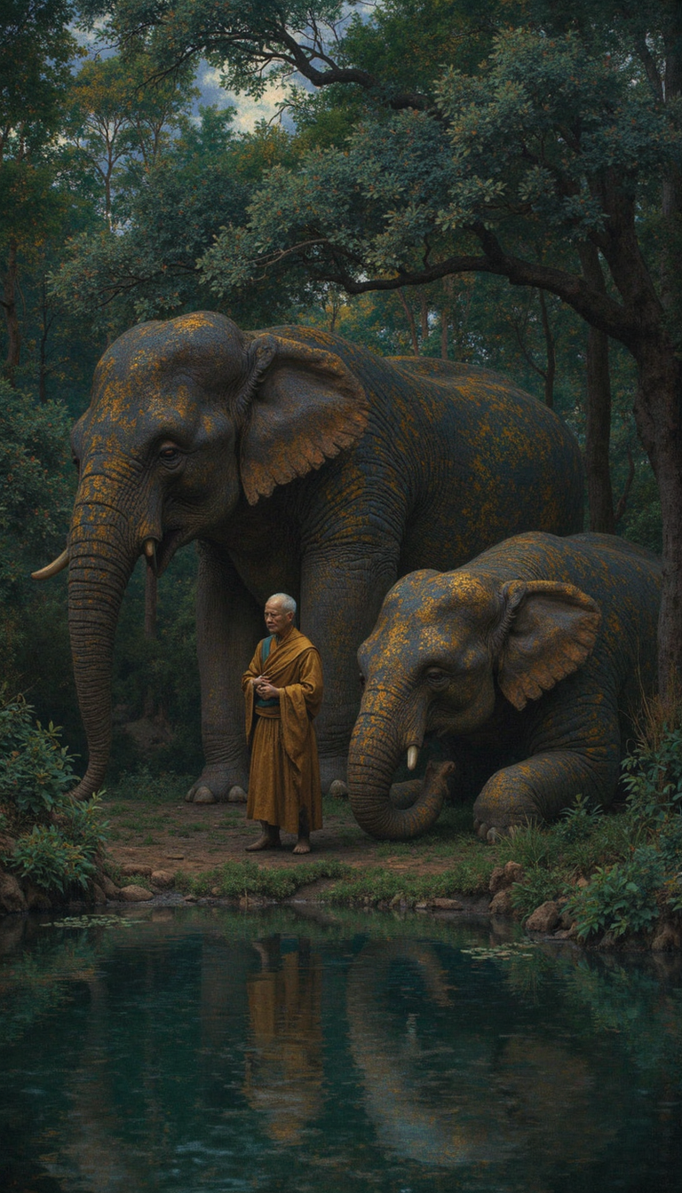 GLOW,intricate tetradic colors in every details,FLUORESCENT,asian woman, An elderly Asian monk, adorned in saffron robes, stands beside a colossal, slumbering elephant at the edge of a pellucid pool.  The crepuscular sunlight, filtering through the verdant canopy above, bathes the scene in an ethereal, otherworldly luminescence. Capture the profound serenity and symbiotic connection between man and beast, their reflections shimmering in the tranquil waters below. The image should evoke a sense of spiritual tranquility and reverence for the natural world.