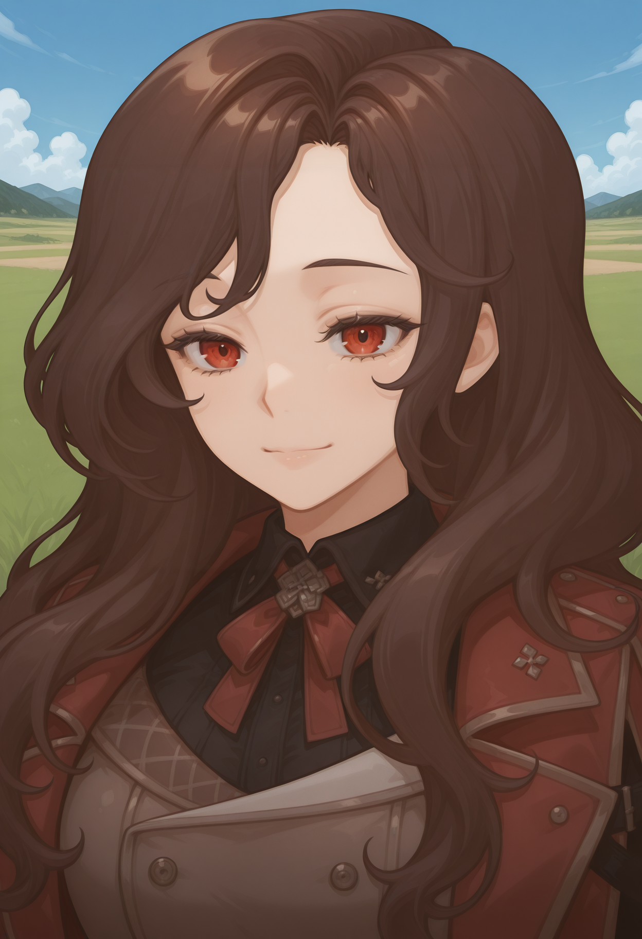 pandoria_redfins, red eyes, brown hair, long hair, wavy hair, jacket, coat, black shirt, <lora:Pandoria_Redfins_illustrious_ver1:0.8> 
light smile,, masterpiece, best quality, sensitive,, 1girl, solo, blue sky, (grasslands:1.2), looking at viewer,, (upper body:1.2), (open eyes:1.4), (portrait:1.4)