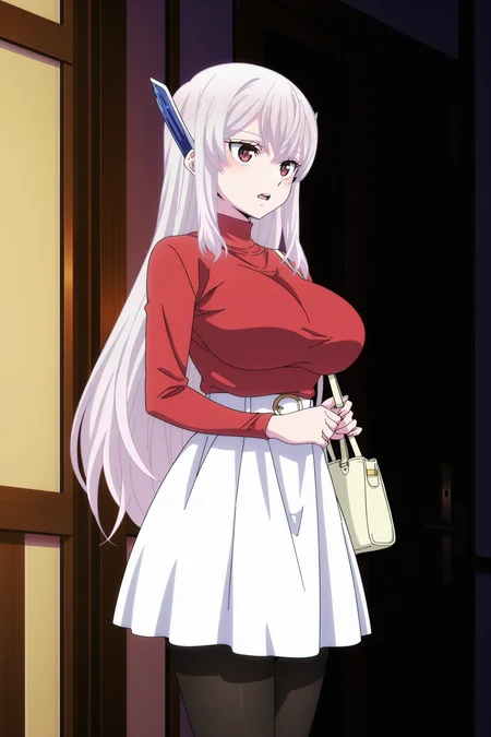 anime screencap, anime coloring, detailed face, masterpiece, best quality, very aesthetic, absurdres, volumetric lighting, official style, amazing quality, ultra detailed, highres, amazing quality, scenery, beautiful detailed hair, beautiful detailed eyes,
<lora:StS-Illustrious-Detail-Slider-v1.0:4>
in a room,
<lora:Kyouka_Uzen_and_Yuuki_Wakura_Chained_SoldierMato_Seihei_no_Slave:1>
Kyouka Uzen (character), Kyouka red shirt white dress outfit, 1girl, solo, skirt, pantyhose, bag, handbag, long hair, turtleneck, white skirt, breasts, white hair, red eyes, black pantyhose, sweater, large breasts, alternate costume, open mouth, casual, headgear, long sleeves